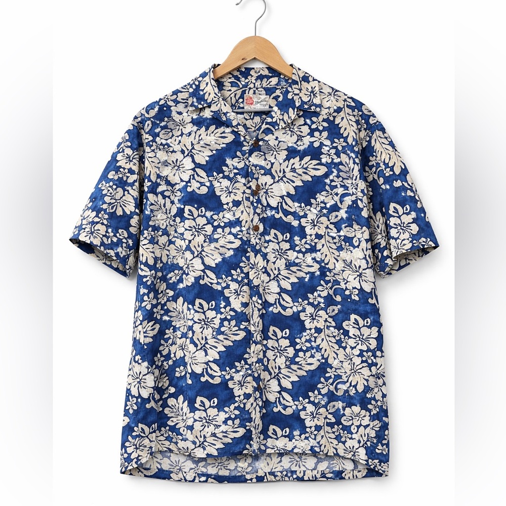 Vintage Hilo Hattie Men’s Hawaiian Shirt Made Hawaii Navy Batik Floral Large